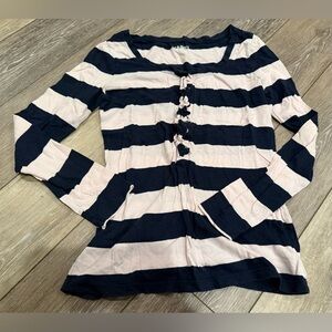 Old Navy Women’s Henley Navy and Pink Striped Top